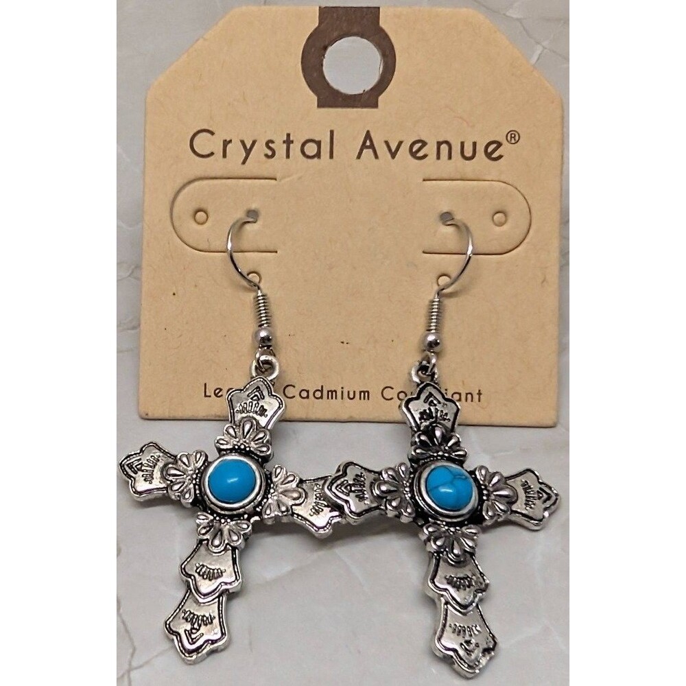 New Crystal Avenue SouthWestern Faux Turquoise Cross Dangle Earrings SilverTone